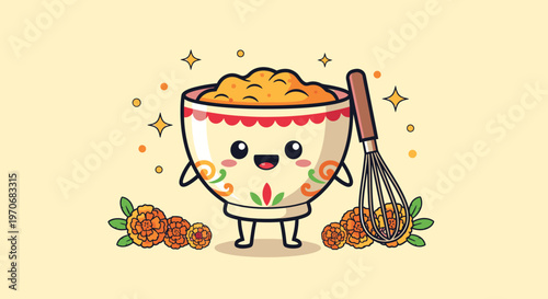 Cute Rice Bowl Character With Whisk Cheerful Illustration.