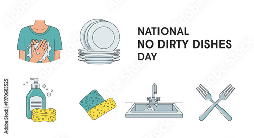 Illustrated icons of kitchen cleaning supplies dishes and a sink for National No Dirty Dishes Day