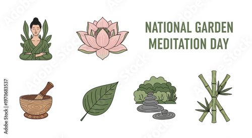 Illustrated icons for National Garden Meditation Day featuring Buddha a lotus flower zen stones and bamboo stalks