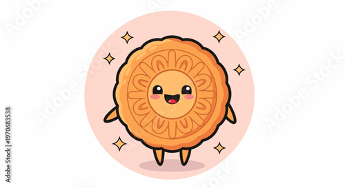 Cute round cookie character with a smile and tiny legs.