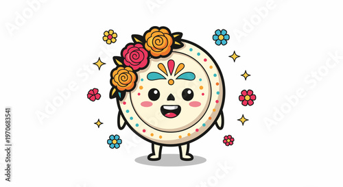 Cute Round Drum Character With Flower Crown.