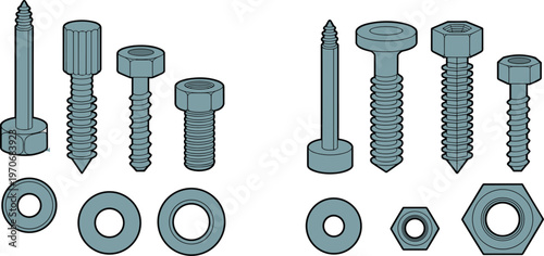 Industrial hardware set featuring metal bolts screws nuts and washers vector illustration isolated on white background for construction engineering designIn