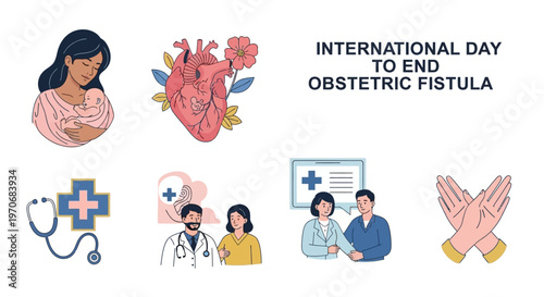 Illustrations for International Day to End Obstetric Fistula featuring doctors patients and medical symbols