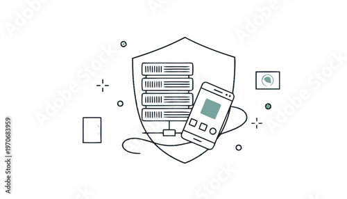 Data server and mobile phone security concept illustration.