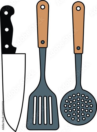 Kitchen utensils set with chef knife slotted spatula and skimmer spoon vector illustration isolated on white background for cooking culinary design