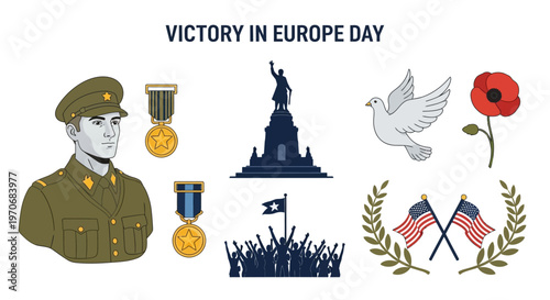Illustrations for Victory in Europe Day featuring a soldier medals monument silhouette dove poppy and US flags