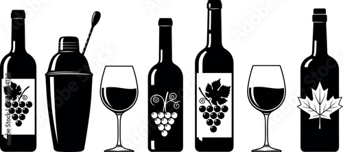 Wine bottles, glasses and cocktail shaker vector illustration set, bar equipment collection with grape labels, alcohol beverage concept for restaurant, winery, and celebration design