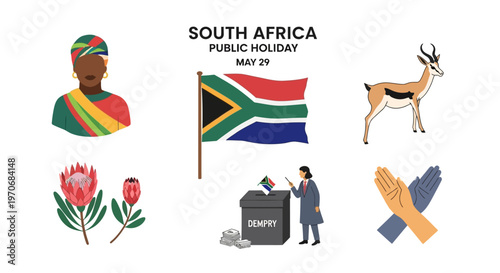 Illustrations of South African cultural symbols a flag and a voting scene marking a public holiday on May 29
