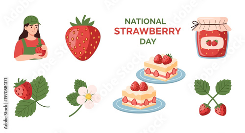 Illustrations of strawberries a strawberry cake a jar of jam and a person for National Strawberry Day