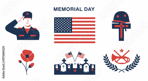 Memorial Day illustration set with a saluting soldier American flag cemetery poppy flowers and military symbols
