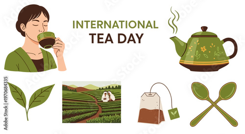 International Tea Day illustration set with a woman drinking teapot plantation tea leaves teabag and spoons