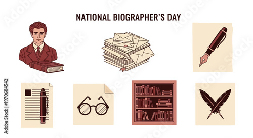 National Biographers Day graphic with a writer stack of letters pens glasses and a bookshelf