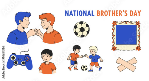 National Brothers Day graphic with brothers fist bumping playing soccer a game controller and a photo frame