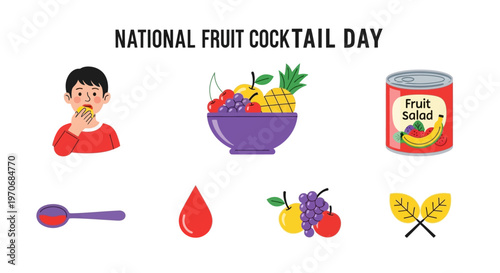 National Fruit Cocktail Day graphic with fruit icons a boy eating a fruit bowl and a can on white background