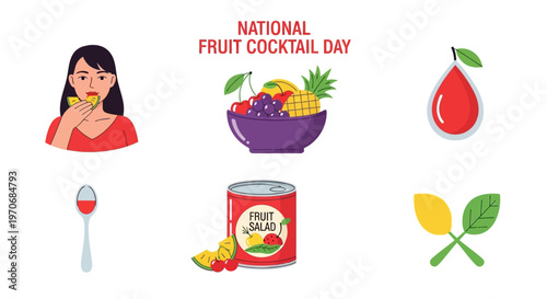 National Fruit Cocktail Day graphics featuring a woman eating fruit a bowl canned salad and colorful icons