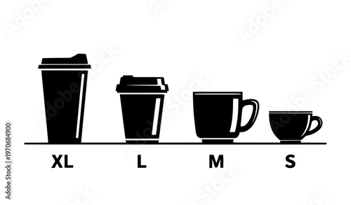 Coffee cup size progression icons XL L M S in black silhouette style minimal vector set isolated on white
