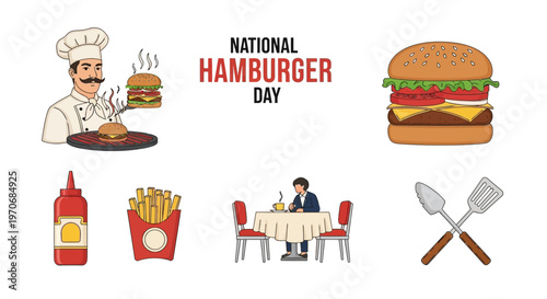 National Hamburger Day illustration set with a chef burgers fries ketchup dining person and kitchen tools