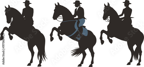 Horse rider silhouette collection, equestrian person sitting on rearing horse isolated on white background vector