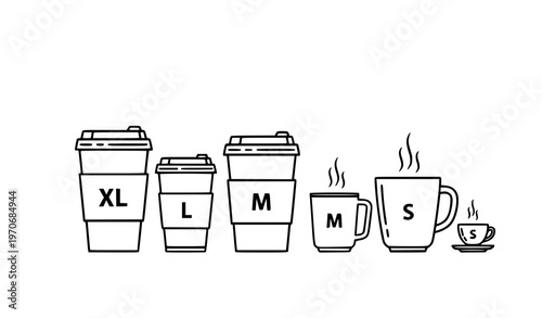 Outline coffee cup icons set with XL L M S sizes in black line style modern vector collection isolated on white