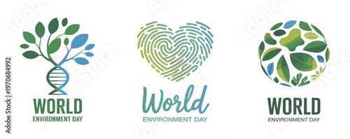 World Environment Day logo collection with tree, heart and globe isolated on white background vector