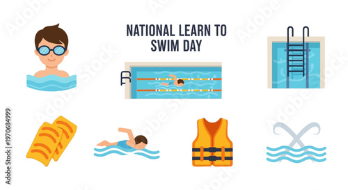 National Learn to Swim Day illustration featuring pools swimmers life jacket kickboards and goggles
