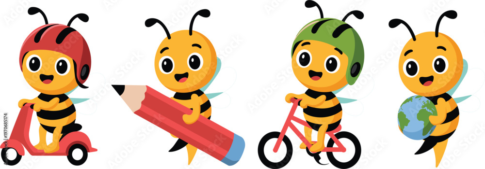 Obraz premium Cute bee cartoon character set, honeybee mascot with bicycle pencil globe and scooter vector illustration
