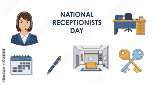 National Receptionists Day illustration featuring an office worker desk calendar pen lobby and keys