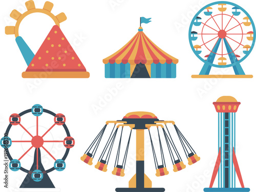 Amusement park flat icon collection, carnival rides and circus tent set isolated on white background vector