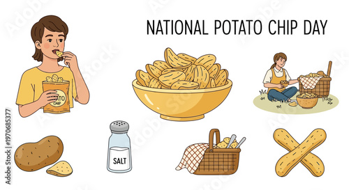 National Potato Chip Day illustrations featuring people eating bowls of chips raw potatoes and a salt shaker