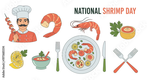 National Shrimp Day illustration featuring a chef various shrimp dishes ingredients and dining utensils