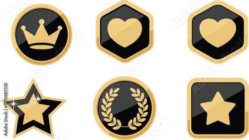 Luxury gold and black award badge set with crown star heart and laurel wreath icons for game achievements and premium ranking