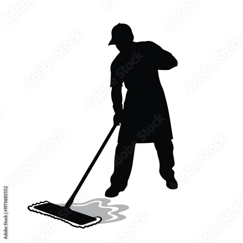 Man in Apron Mopping the Floor Silhouette
