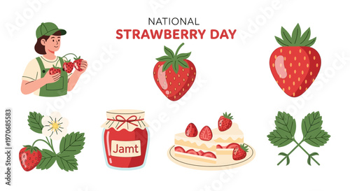 National Strawberry Day vector set with a female farmer fresh berries strawberry jam cake slices and leaves