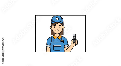 Female Mechanic Holding Car Part, Wearing Overalls and Cap, Professional Service