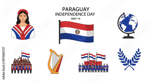 Paraguay Independence Day graphics featuring the flag a woman in traditional dress a harp and a globe