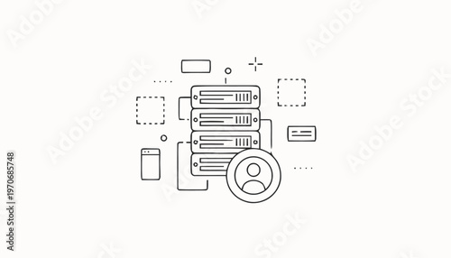 Data Server with User Account Access Outline Illustration.