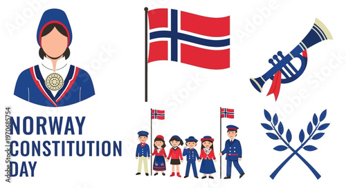 Norway Constitution Day graphic with flag traditional bunad attire musical instrument and group of children