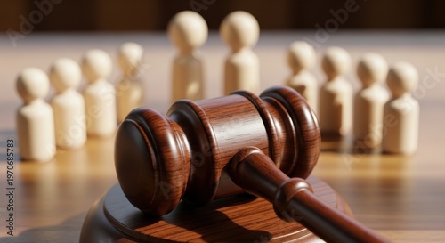 Judge's gavel on a sound block with blurred wooden figures representing a jury or group of people for legal, justice, and collective decision concepts