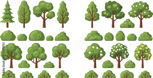 Set of Stylized Trees and Bushes in Various Shapes and Sizes for Nature, Landscape, and Environmental Design Illustrations