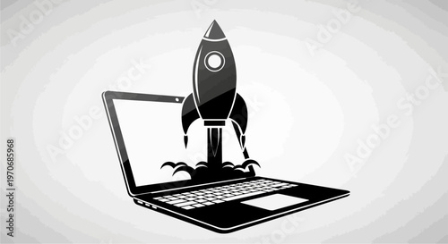 A stylized black and white illustration depicting a rocket launching from the screen of an open laptop, symbolizing technology startup and rapid progress.