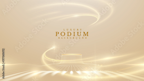 Abstract luxury gold background displaying elegant 3d podium. Premium glow light wave particle design for cosmetic product  or award ceremony presentation. Vector illustration.