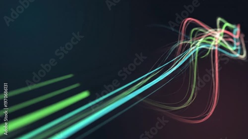 Vibrant multicolored neon light trails streak across a dark room creating dynamic abstract patterns and shapes in motion.