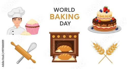 фотографія World Baking Day graphic with a chef tiered cake oven with bread cupcake wheat a