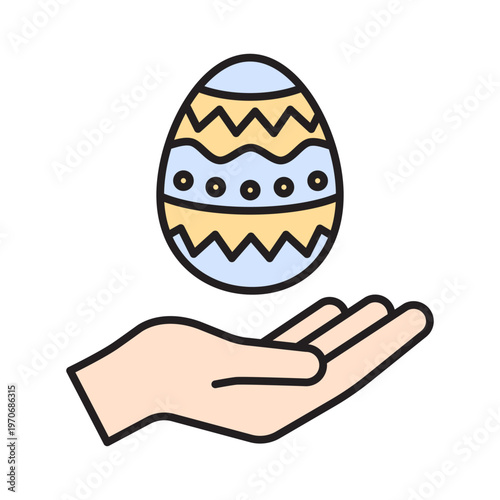 A minimalist filled outline vector icon of a decorated Easter egg in a pastel color scheme of blue and yellow, held gently above a palm. Features geometric patterns and a clean black editable stroke.