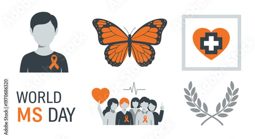 World MS Day infographic set with orange butterfly awareness ribbons people icons and medical heart symbols