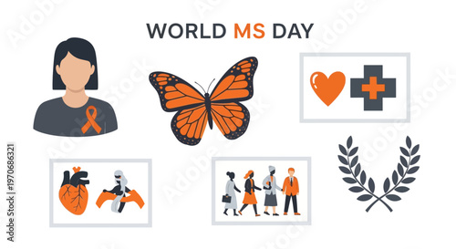 World MS Day illustration with orange monarch butterfly awareness ribbons medical icons and community figures