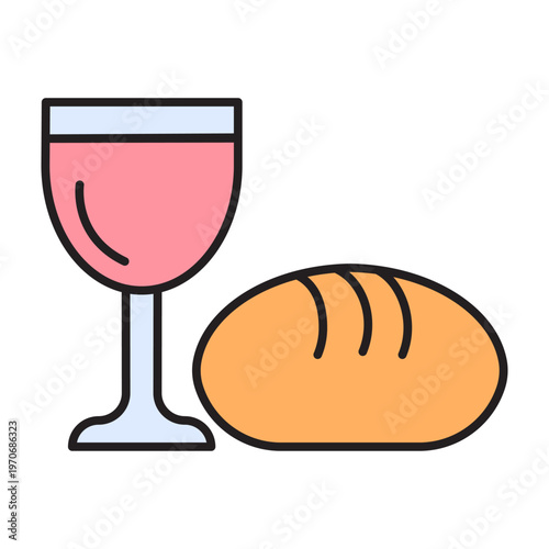 Easter bread and wine chalice linear icon with editable stroke. Christian Eucharist sacrament symbol. Modern flat vector illustration with color fill. Religious holiday graphic.
