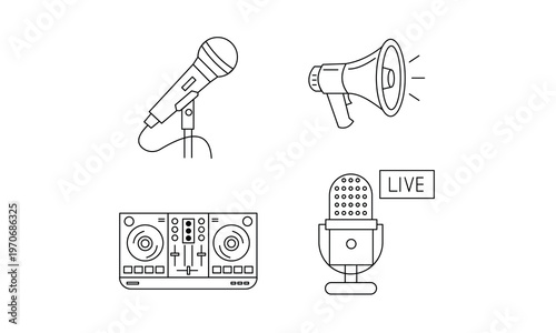 Audio equipment icons with microphone dj mixer and megaphone for podcast and live events.Editable stroke, Vector illustration, Line art Icon, Symbols.