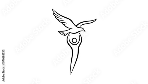Dove flying above a stylized human figure, symbol of peace, freedom, and spirituality