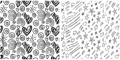 Two seamless patterns featuring hand drawn doodles and whimsical shapes